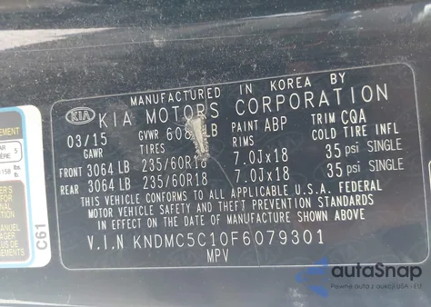 2015 Kia Sedona Sx из США, поврежденный, VIN KNDMC5C10F6079301